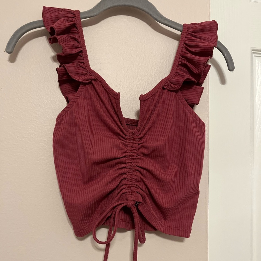 Pink Ruffle Elastic Sleeve V Neck Crop Top F21